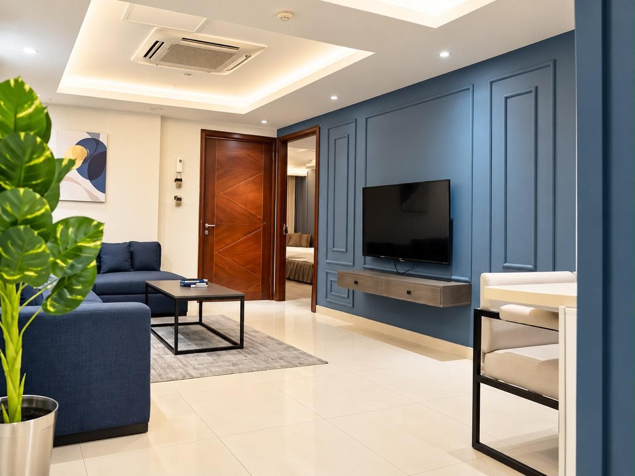 The Comfort Pod lounge with navy seating, a blue panelled television wall and a black-framed coffee table